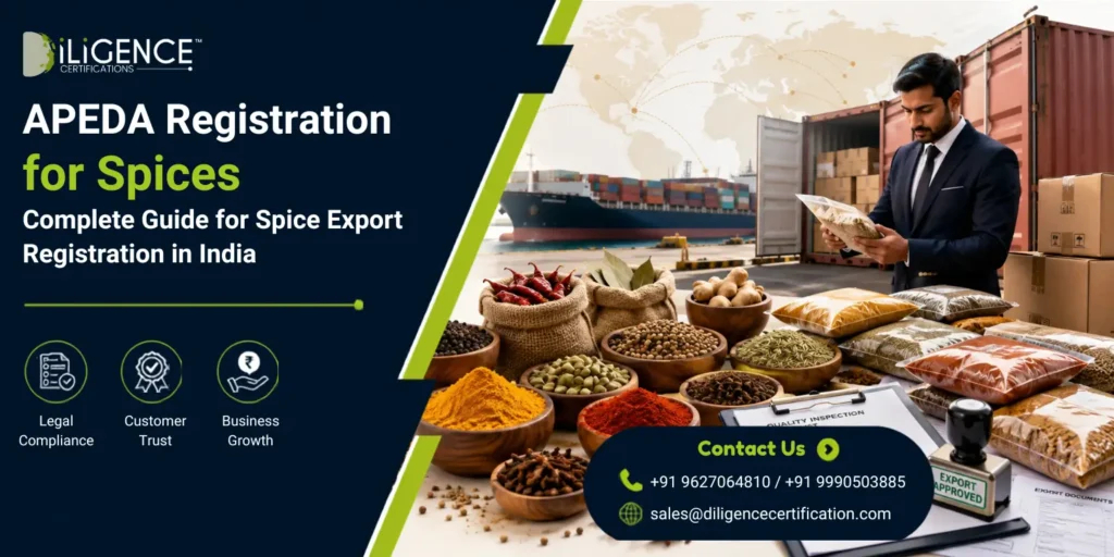 APEDA Registration for Spices banner showing Indian spices, a spice exporter, shipping containers, export documents, and cargo ship for international spice exports.
