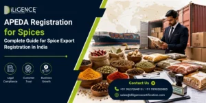 APEDA Registration for Spices banner showing Indian spices, a spice exporter, shipping containers, export documents, and cargo ship for international spice exports.