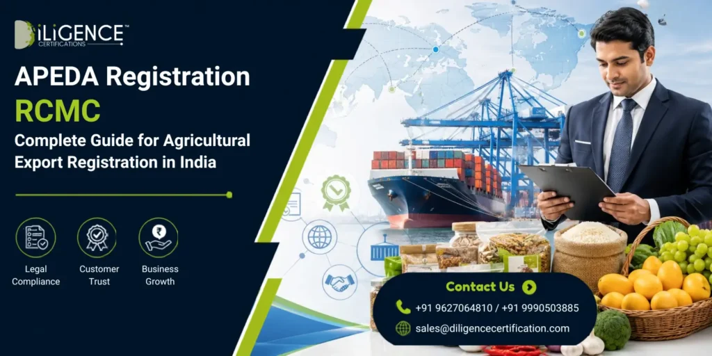 APEDA RCMC Registration guide banner with agricultural export products, cargo ship, exporter, and fresh fruits in India.