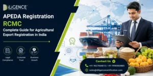 APEDA RCMC Registration guide banner with agricultural export products, cargo ship, exporter, and fresh fruits in India.