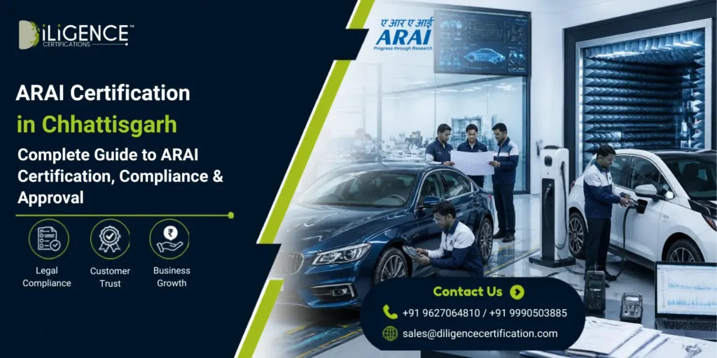 Promotional banner for “ARAI Certification in Goa” showing a modern automotive testing facility with cars, engineers inspecting the vehicles, ARAI and Diligence Certifications branding, and a corporate blue-and-white layout with compliance icons and contact details.