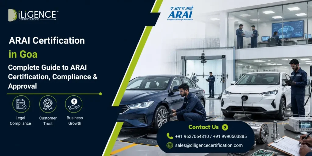 Promotional banner for “ARAI Certification in Goa” showing a modern automotive testing facility with two cars, engineers inspecting the vehicles, ARAI and Diligence Certifications branding, and a corporate blue-and-white layout with compliance icons and contact details.