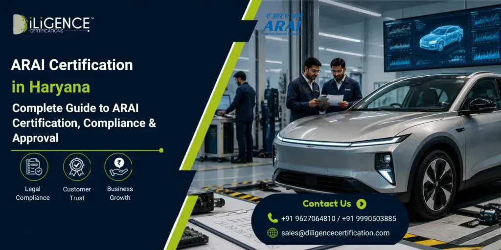 Promotional banner for “ARAI Certification in Goa” showing a modern automotive testing facility with cars, engineers inspecting the vehicles, ARAI and Diligence Certifications branding, and a corporate blue-and-white layout with compliance icons and contact details.
