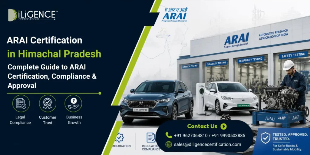 Promotional banner for “ARAI Certification in Goa” showing a modern automotive testing facility with cars, engineers inspecting the vehicles, ARAI and Diligence Certifications branding, and a corporate blue-and-white layout with compliance icons and contact details.