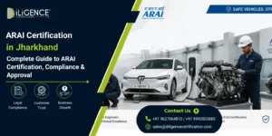 Promotional banner for “ARAI Certification in Goa” showing a modern automotive testing facility with cars, engineers inspecting the vehicles, ARAI and Diligence Certifications branding, and a corporate blue-and-white layout with compliance icons and contact details.