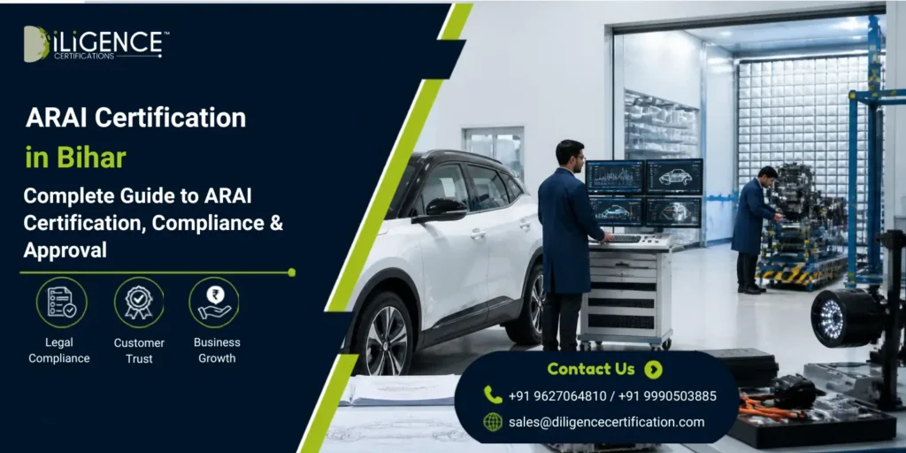 ARAI Certification in Bihar banner featuring an automobile testing facility, white SUV, engineers, and text highlighting legal compliance, customer trust, and business growth.