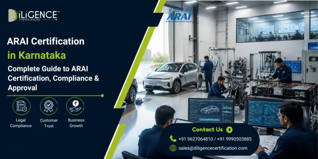 Promotional banner for “ARAI Certification in Goa” showing a modern automotive testing facility with two cars, engineers inspecting the vehicles, ARAI and Diligence Certifications branding, and a corporate blue-and-white layout with compliance icons and contact details.