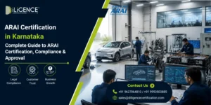 Promotional banner for “ARAI Certification in Goa” showing a modern automotive testing facility with two cars, engineers inspecting the vehicles, ARAI and Diligence Certifications branding, and a corporate blue-and-white layout with compliance icons and contact details.