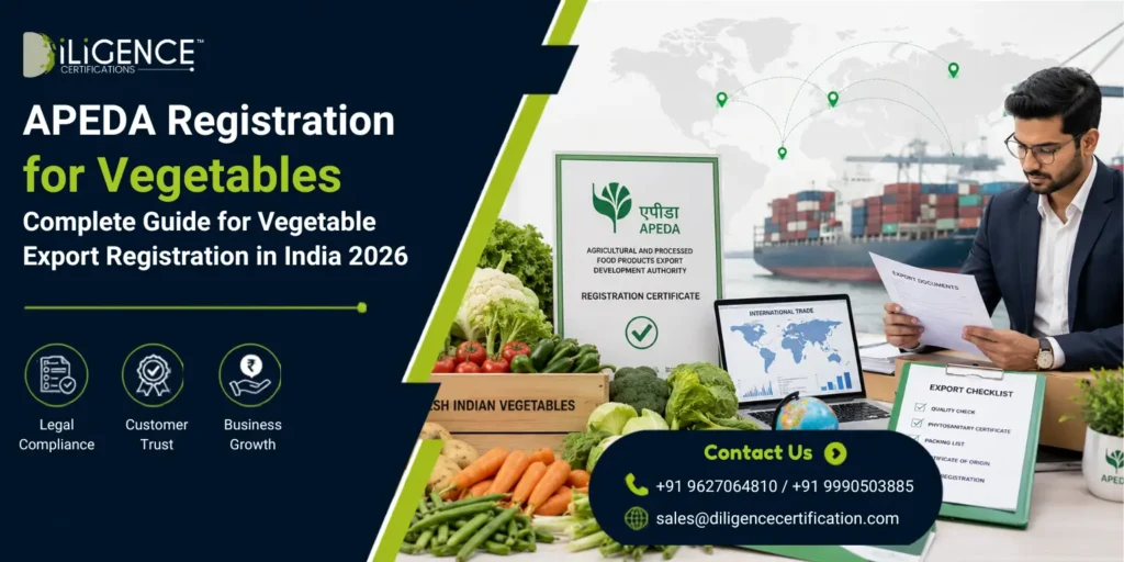 APEDA Registration for Vegetables blog banner showing export certification, fresh vegetables, shipping port, and export documentation.