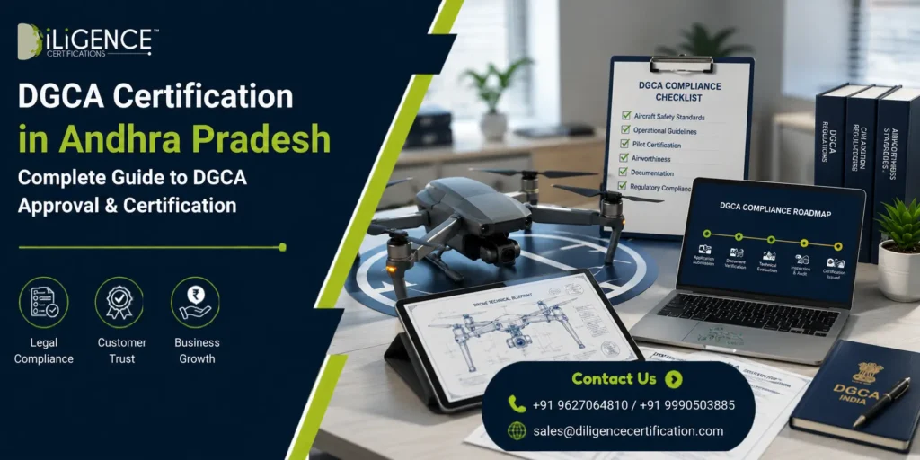 DGCA Certification in Andhra Pradesh banner with commercial drone, compliance documents, certification checklist, and modern office background