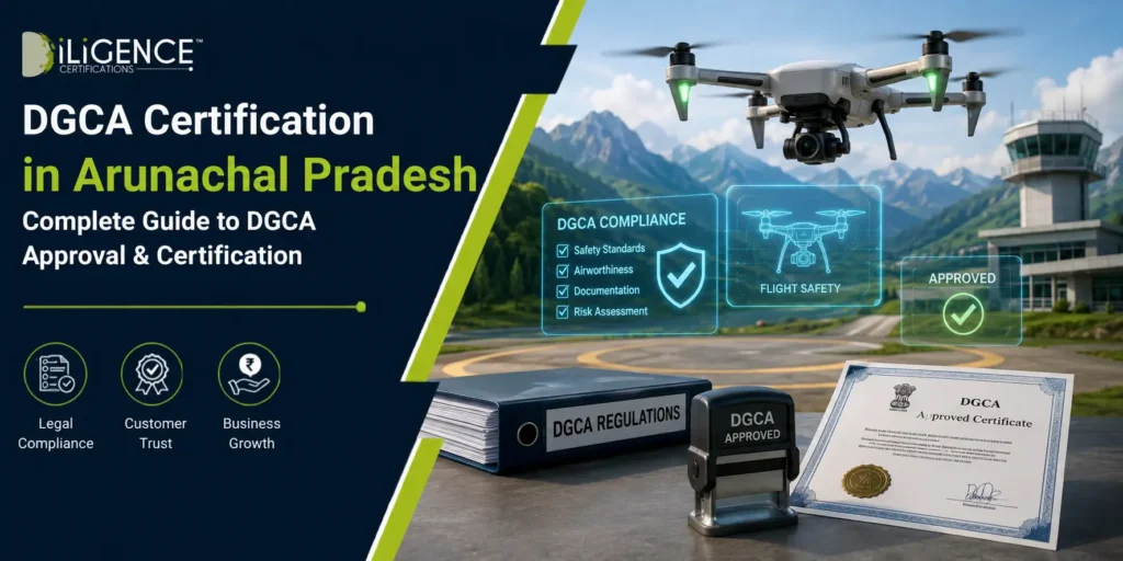 DGCA Certification in Arunachal Pradesh banner with drone and compliance certificate.