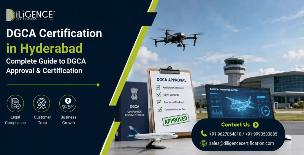Certification in Hyderabad banner with drone, airport, and DGCA approval documents.