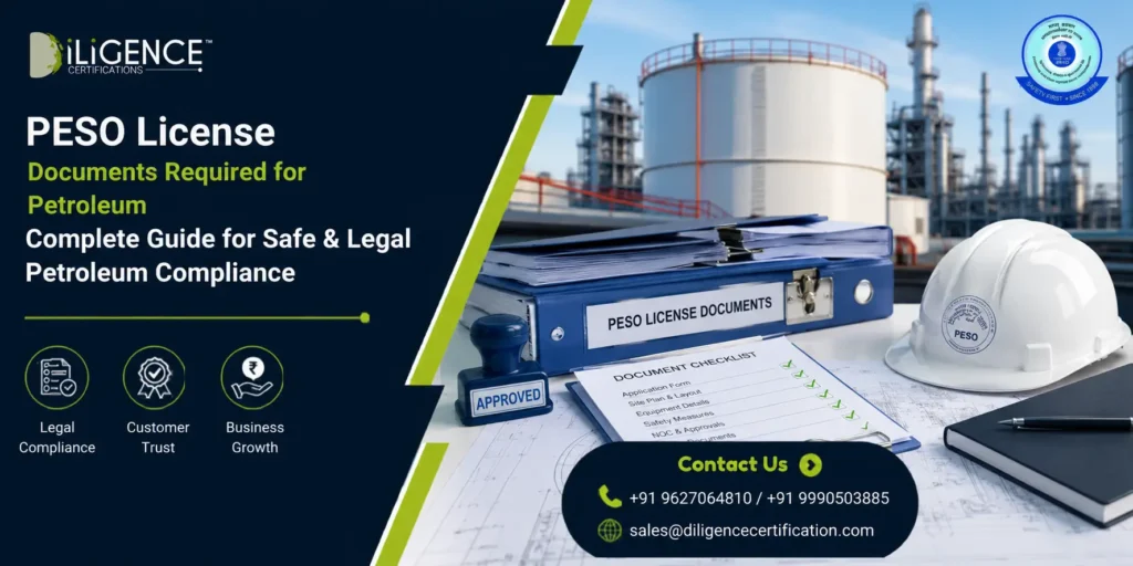 PESO License Documents Required for Petroleum banner featuring petroleum storage tanks, a document checklist, approval stamp, safety helmet, engineering blueprints, and compliance files, highlighting safe and legal petroleum compliance services.