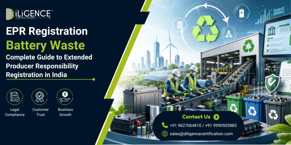 Battery Waste EPR Registration banner with battery recycling facility, workers, recycling bins, and CPCB compliance for Extended Producer Responsibility in India.
