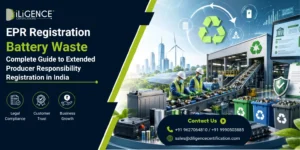 Battery Waste EPR Registration banner with battery recycling facility, workers, recycling bins, and CPCB compliance for Extended Producer Responsibility in India.