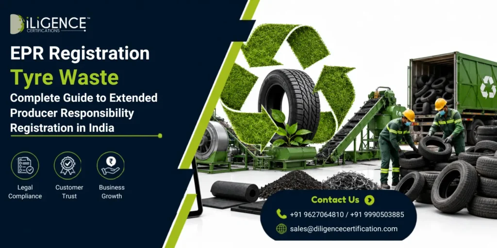 Tyre Waste EPR Registration in India banner showing tyre recycling plant, used tyres, recycling symbol, conveyor system, waste collection, and CPCB compliance for Extended Producer Responsibility (EPR)