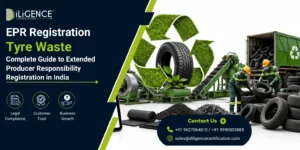 Tyre Waste EPR Registration in India banner showing tyre recycling plant, used tyres, recycling symbol, conveyor system, waste collection, and CPCB compliance for Extended Producer Responsibility (EPR)