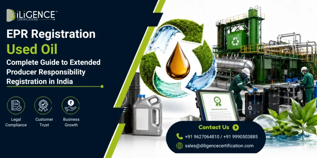 Used Oil EPR Registration banner with recycling plant, oil drums, workers, and sustainability elements.