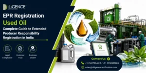 Used Oil EPR Registration banner with recycling plant, oil drums, workers, and sustainability elements.