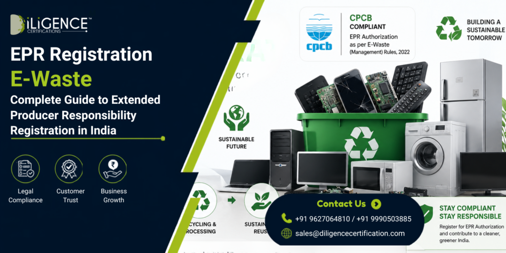 E-Waste EPR Registration banner showing electronic waste recycling, CPCB compliance, Extended Producer Responsibility, recycling bin, appliances, and sustainability in India