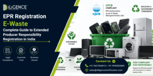 E-Waste EPR Registration banner showing electronic waste recycling, CPCB compliance, Extended Producer Responsibility, recycling bin, appliances, and sustainability in India