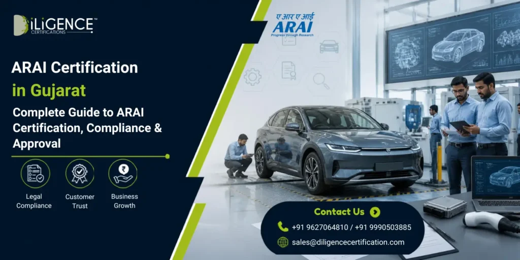 Promotional banner for “ARAI Certification in Goa” showing a modern automotive testing facility with cars, engineers inspecting the vehicles, ARAI and Diligence Certifications branding, and a corporate blue-and-white layout with compliance icons and contact details.