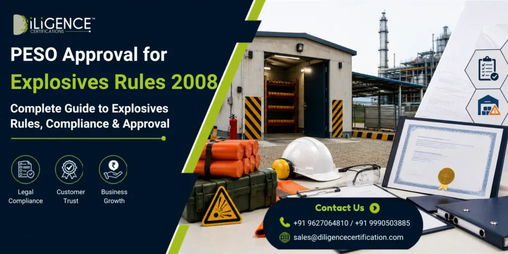 PESO Approval for Explosives Rules 2008 showing industrial explosives storage facility, safety equipment, compliance certificate, and regulatory documentation