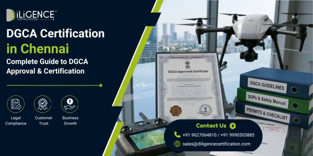 DGCA Certification in Chennai banner with drone, airport, and DGCA approval documents.