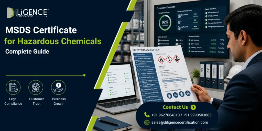 MSDS Certificate for Hazardous Chemicals showing safety data sheet, chemical hazard symbols, PPE equipment and compliance documentation.