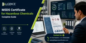 MSDS Certificate for Hazardous Chemicals showing safety data sheet, chemical hazard symbols, PPE equipment and compliance documentation.