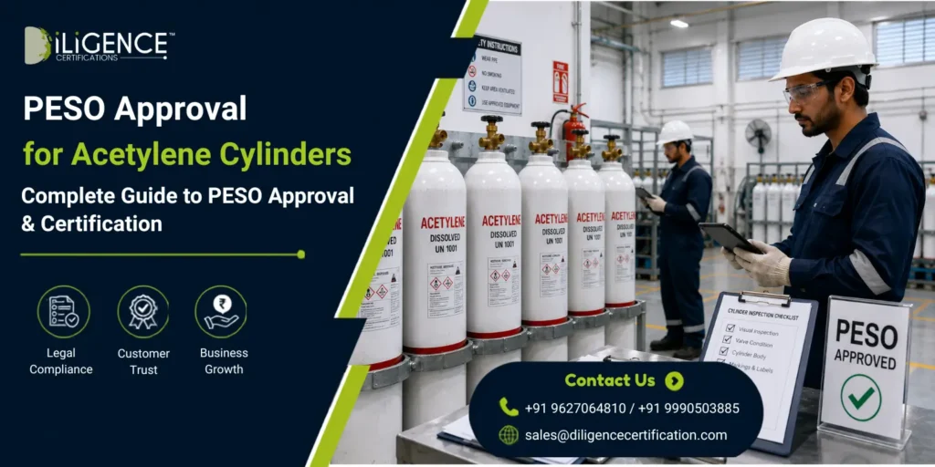 Acetylene cylinders in PESO-approved industrial facility with safety inspector conducting compliance check