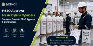 Acetylene cylinders in PESO-approved industrial facility with safety inspector conducting compliance check