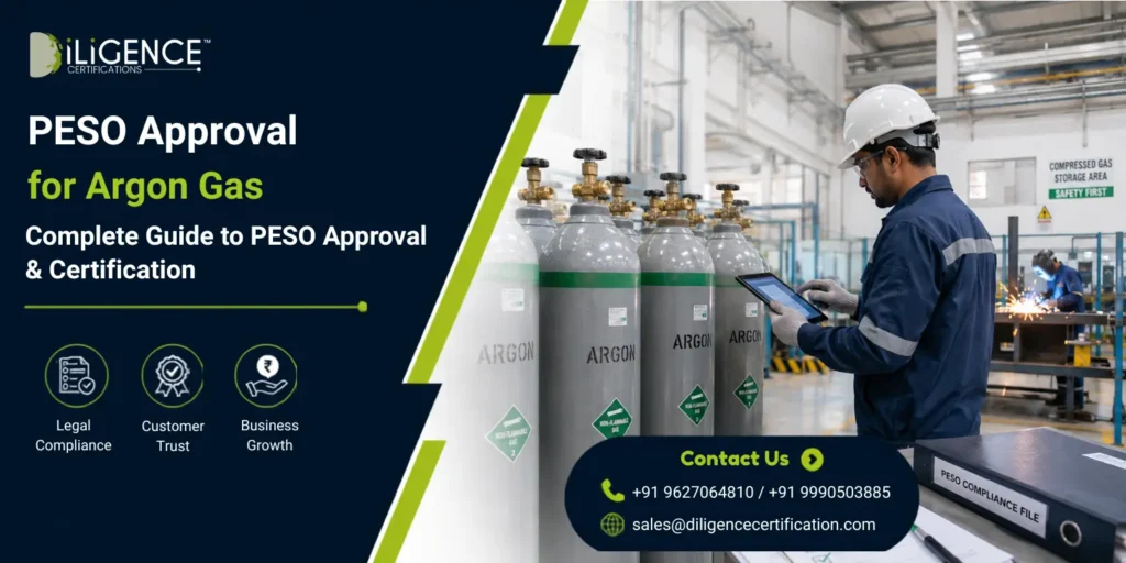 Argon gas cylinders in PESO-approved industrial facility with safety inspector conducting compliance check