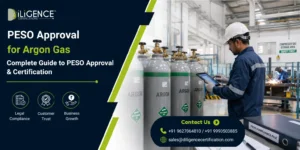 Argon gas cylinders in PESO-approved industrial facility with safety inspector conducting compliance check
