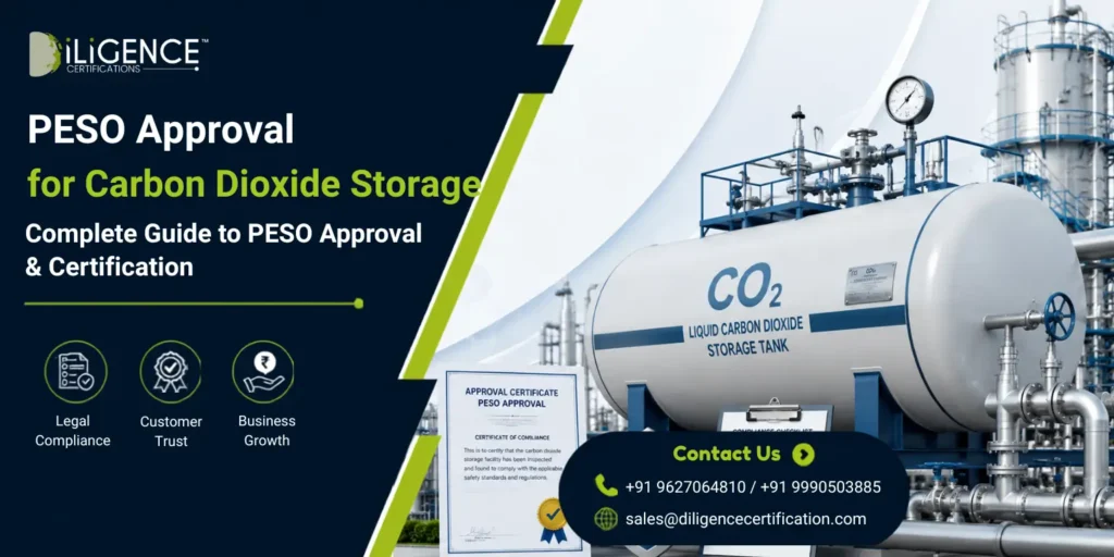 PESO Approval for Carbon Dioxide Storage featuring a liquid CO₂ storage tank, industrial pipelines, safety equipment, and PESO approval certificate