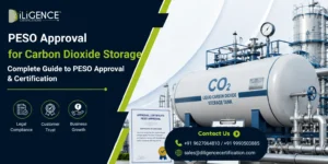 PESO Approval for Carbon Dioxide Storage featuring a liquid CO₂ storage tank, industrial pipelines, safety equipment, and PESO approval certificate