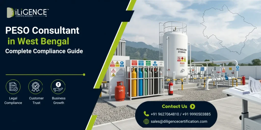 PESO Consultant in West Bengal reviewing licensing documents at an industrial facility with gas cylinders, pressure vessels and petroleum storage tanks
