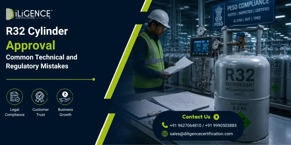 PESO Approval for R32 Refrigerant cylinders in India with industrial safety inspection and compliance testing
