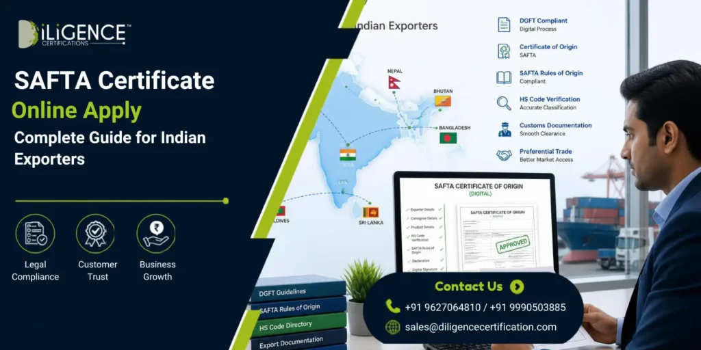 SAFTA Certificate Online Apply guide for Indian exporters showing Certificate of Origin, DGFT process, export documents and South Asian trade.