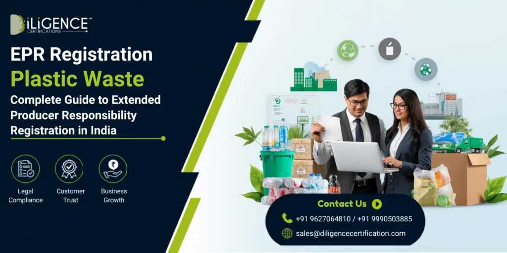 Professional banner for Plastic Waste EPR Registration in India featuring business professionals reviewing compliance documents, plastic waste recycling bins legal compliance, customer trust, and business growth