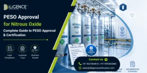 Professional industrial scene showing nitrous oxide gas cylinders with safety placards in a modern manufacturing facility, illustrating PESO approval and certification requirements for compressed gas storage in India