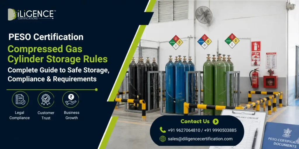 PESO Certification compressed gas cylinder storage rules and safety compliance guide with gas cylinders in a secure storage facility