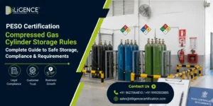 PESO Certification compressed gas cylinder storage rules and safety compliance guide with gas cylinders in a secure storage facility