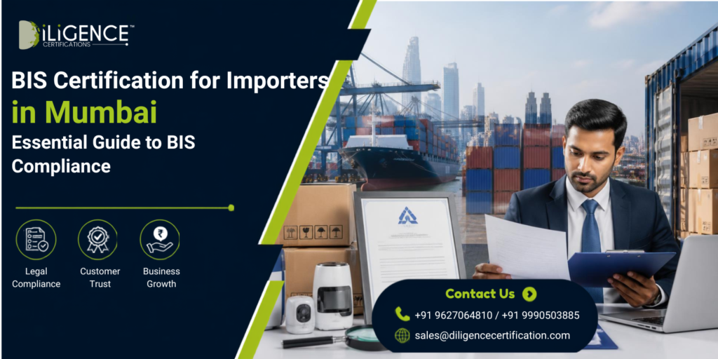 BIS certification for importers in Mumbai banner featuring a businessman reviewing documents at a shipping port with imported products and a BIS certificate.