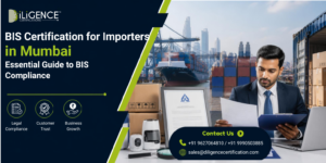 BIS certification for importers in Mumbai banner featuring a businessman reviewing documents at a shipping port with imported products and a BIS certificate.