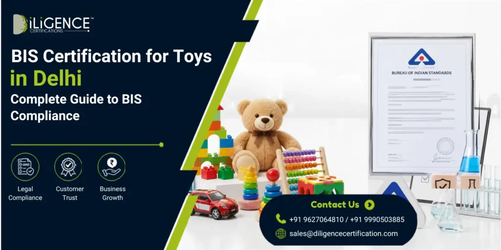 BIS certification for toys in Delhi banner featuring a teddy bear, colorful toys, BIS certificate, and compliance testing equipment.