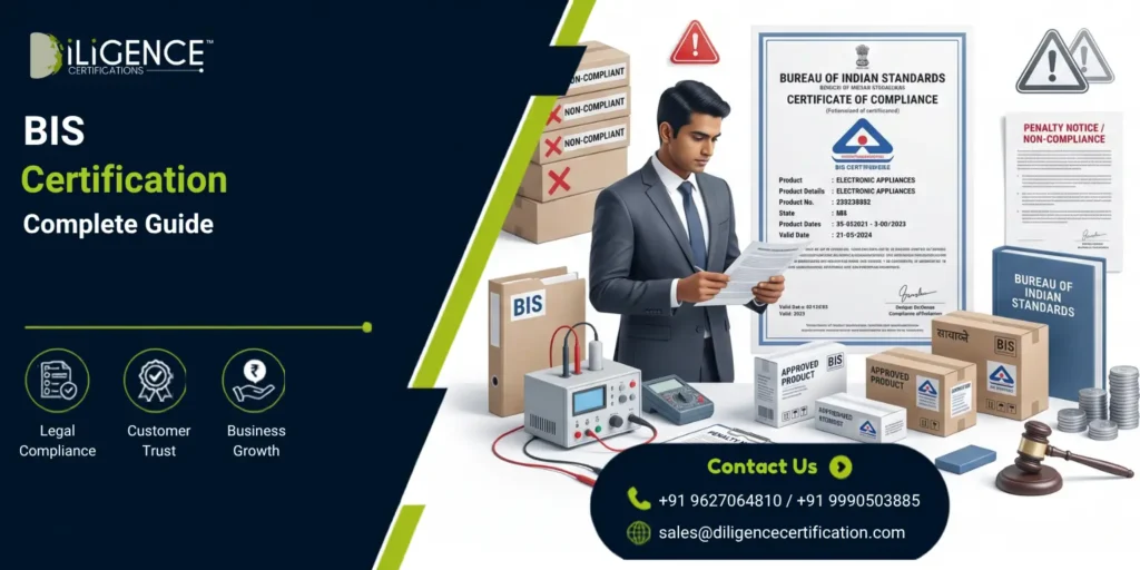 A complete guide by iLigence Certifications explaining the Penalty for Not Having BIS Certification, featuring a professional reviewing compliance documents, a penalty notice, and boxes of non-compliant versus approved products
