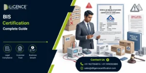 A complete guide by iLigence Certifications explaining the Penalty for Not Having BIS Certification, featuring a professional reviewing compliance documents, a penalty notice, and boxes of non-compliant versus approved products