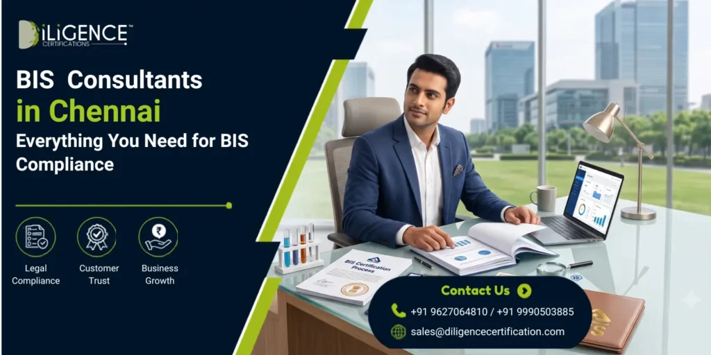 An advertisement by iLIGENCE Certifications for "BIS Consultants in Chennai" offering complete BIS compliance services for legal compliance, customer trust, and business growth, featuring a professional reviewing certification documents at his desk.