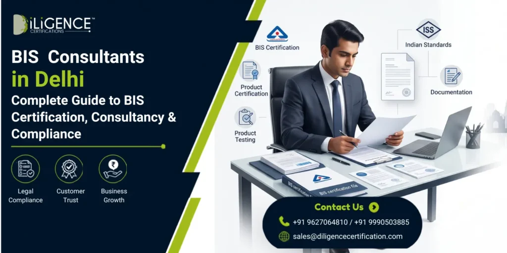 Promotional graphic for DILIGENCE Certifications advertising expert BIS Consultants in Delhi, offering complete guidance on BIS certification, product testing, and legal compliance.